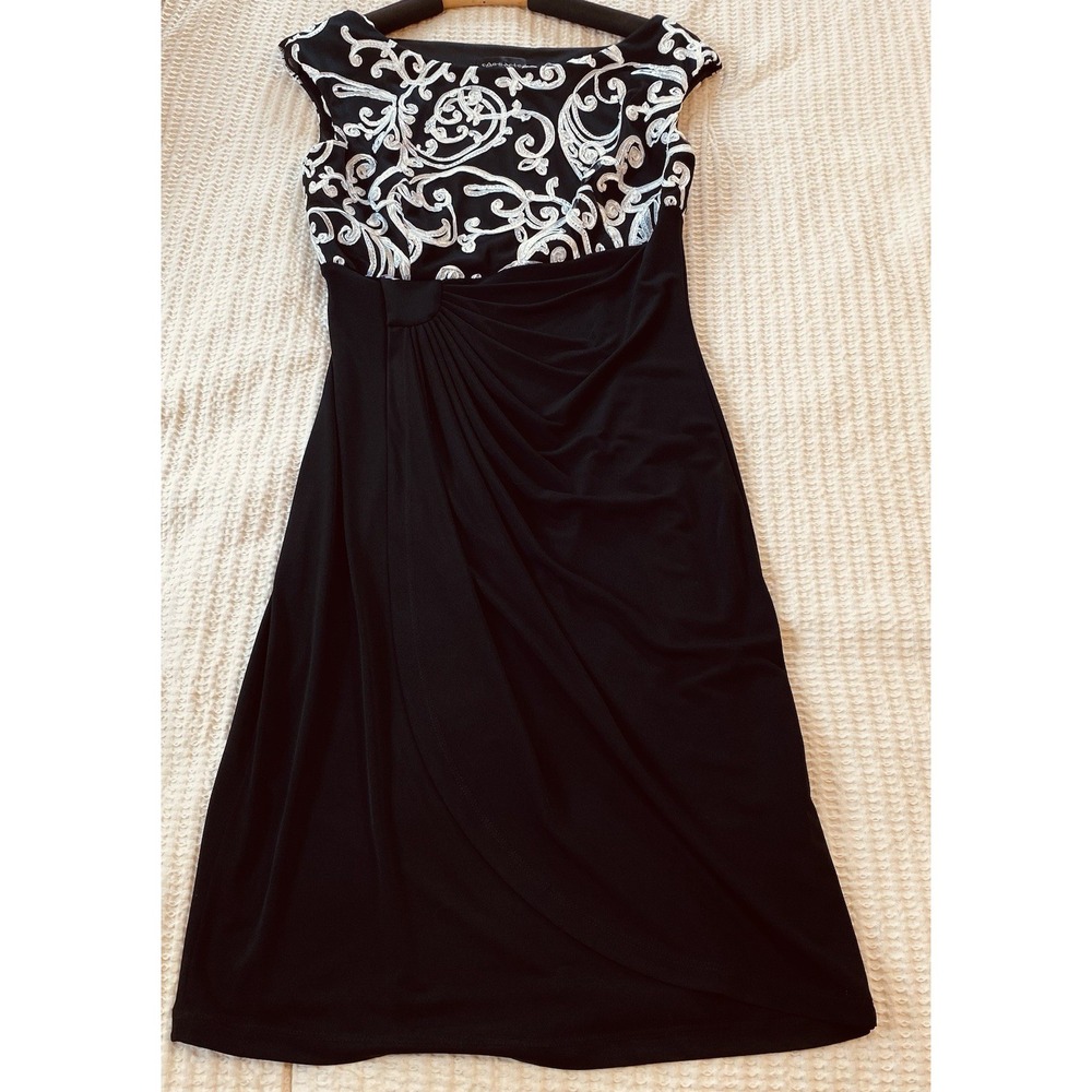 NWT Connected‎ Apparel Elegant Dress 8 Black W/White Embroidering Layered Mid